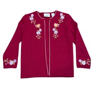 Northern Isles Vintage Red Embroidered Floral Open Cardigan Size Small